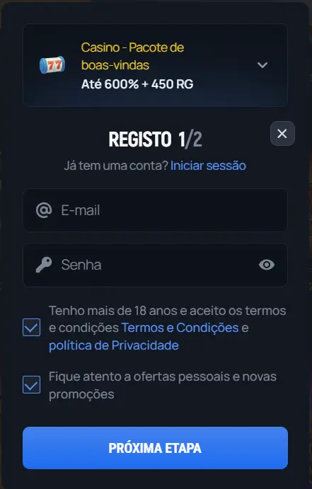 Formulário de registo no Aerobet