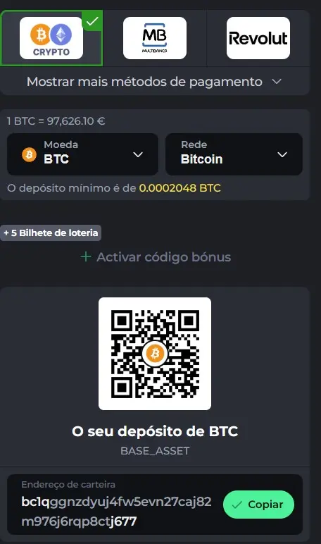 Depósito na conta BetOnRed
