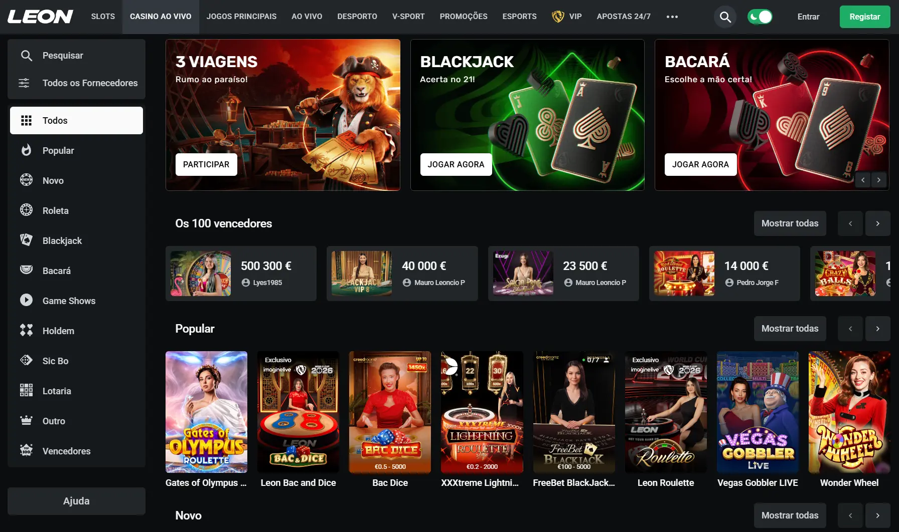 Jogos de casino ao vivo com crupiês reais no Casino Leon