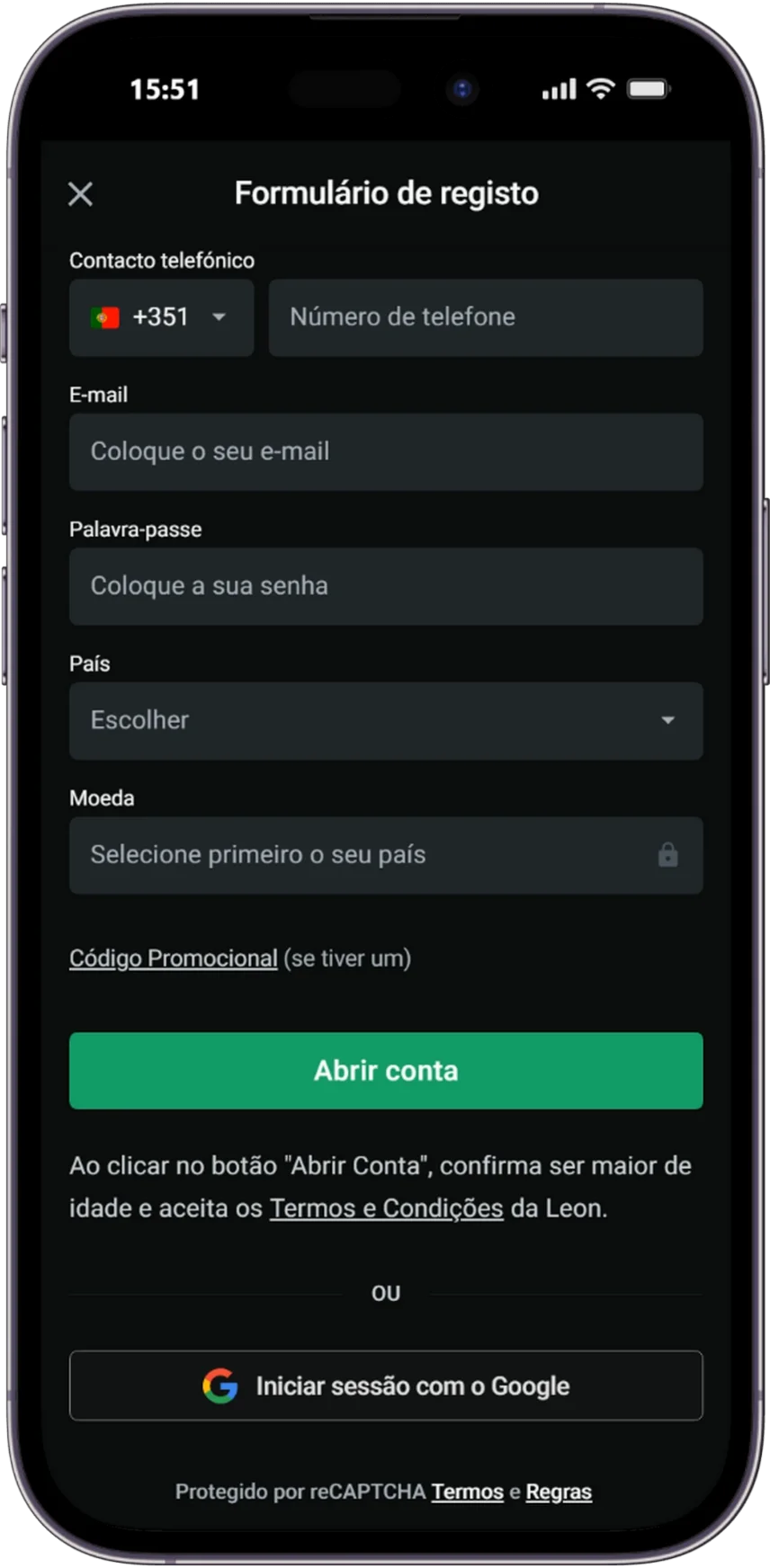 Registo no site da Leon