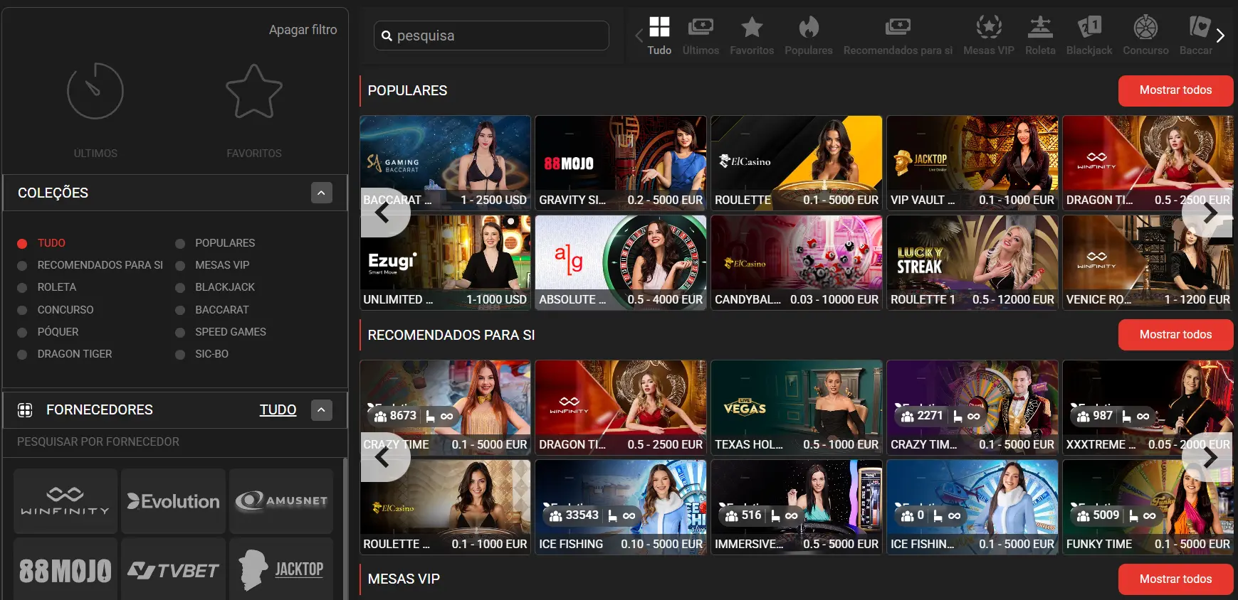 Imagem da secção de jogos de casino ao vivo da Megapari