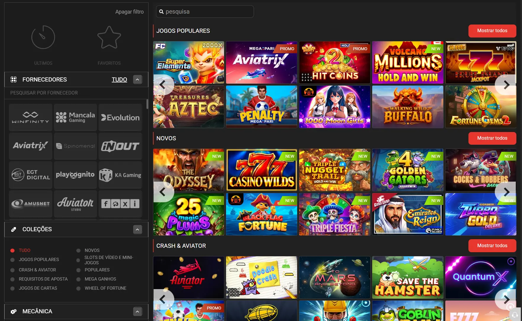 Imagem do catálogo de jogos disponíveis na Megapari