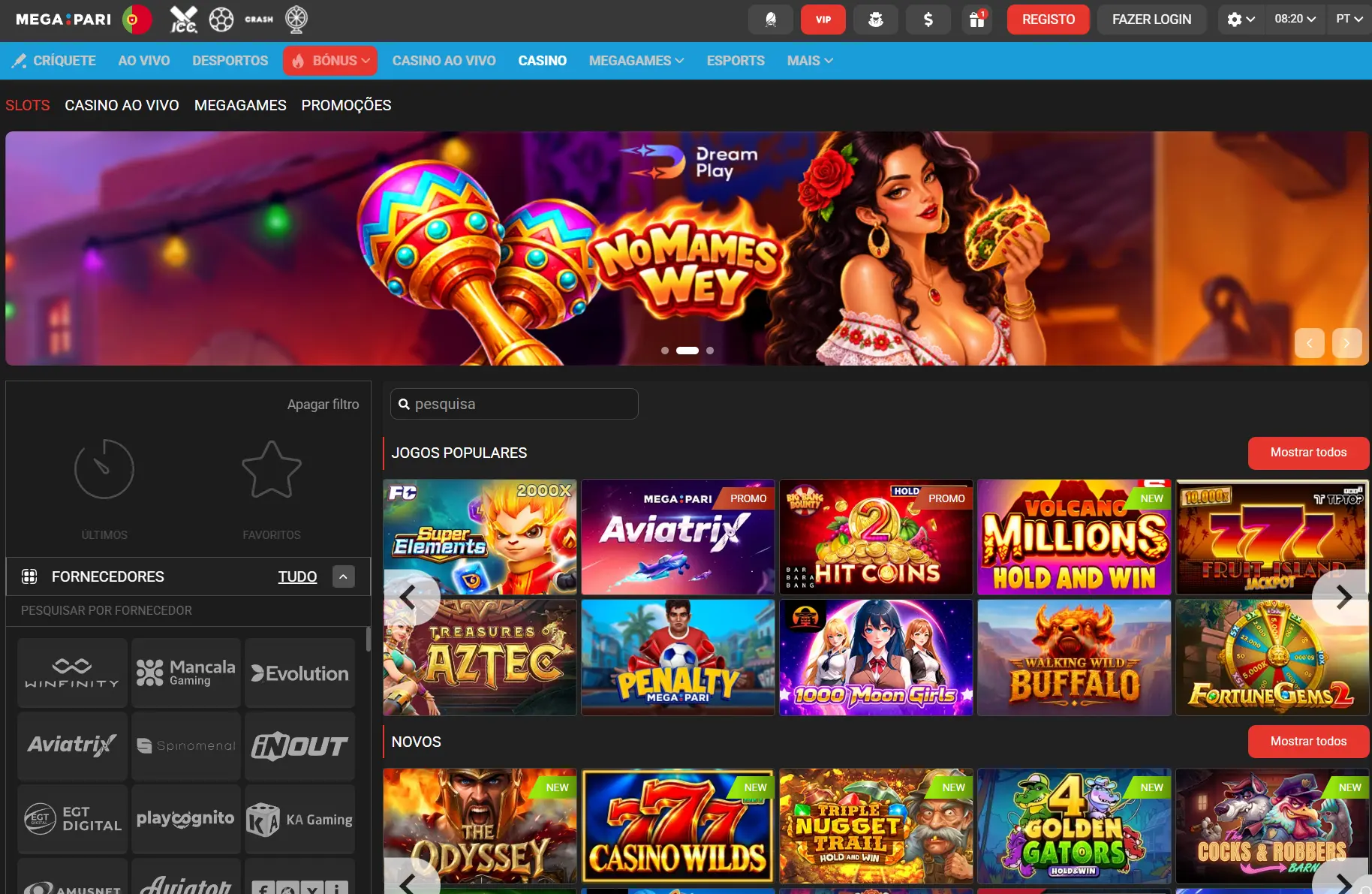 Imagem da página inicial do Megapari Casino em Portugal