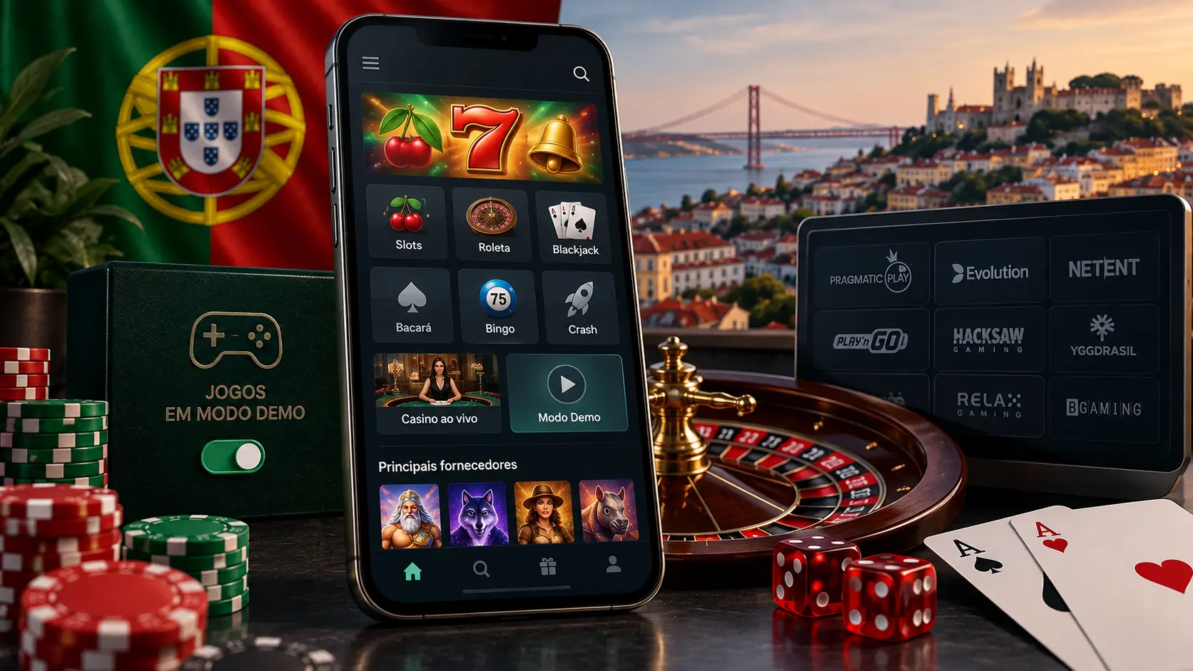 Jogos, fornecedores e modo demo nos melhores casinos novos em Portugal