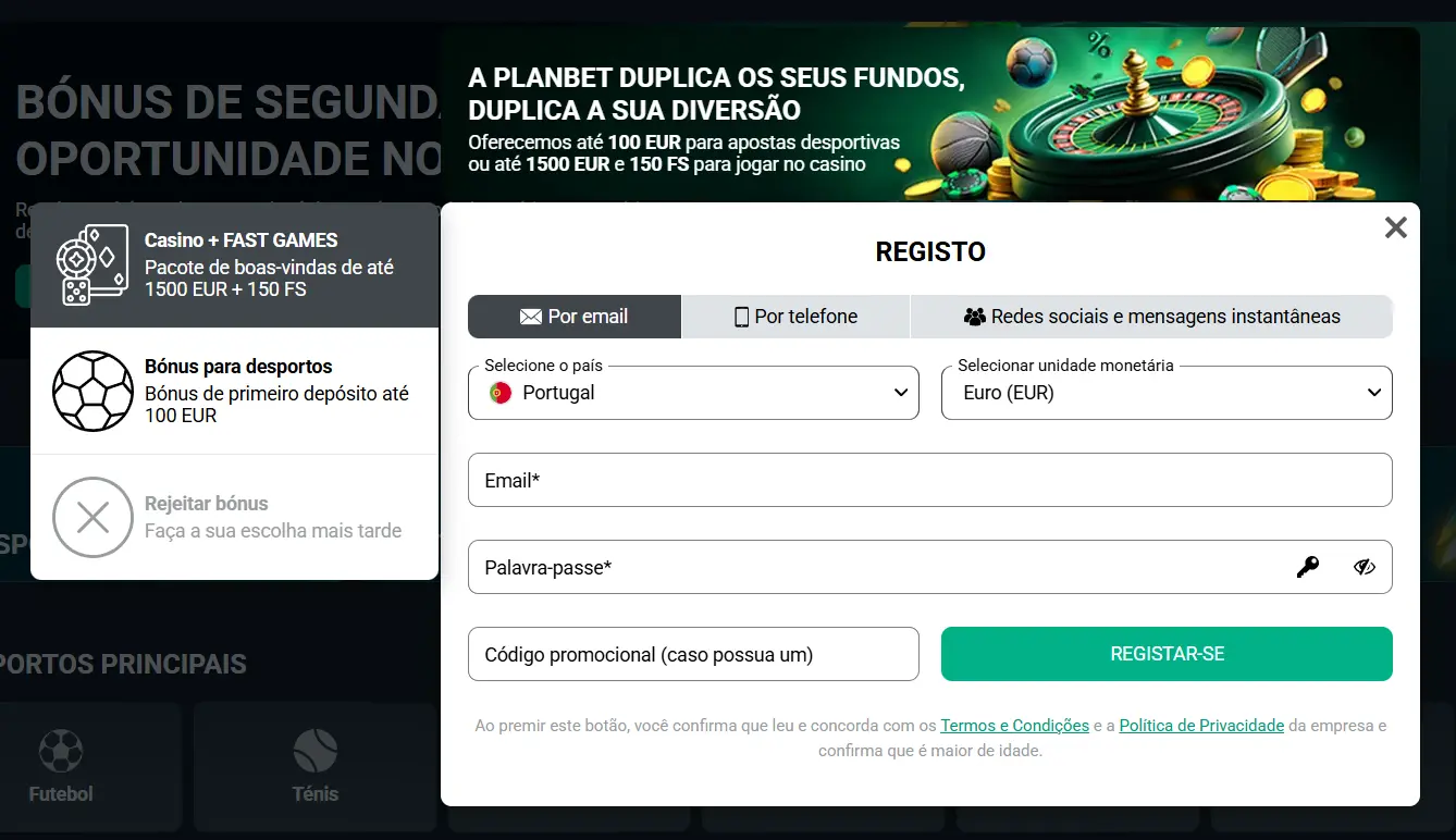 Imagem do formulário de registo no Planbet