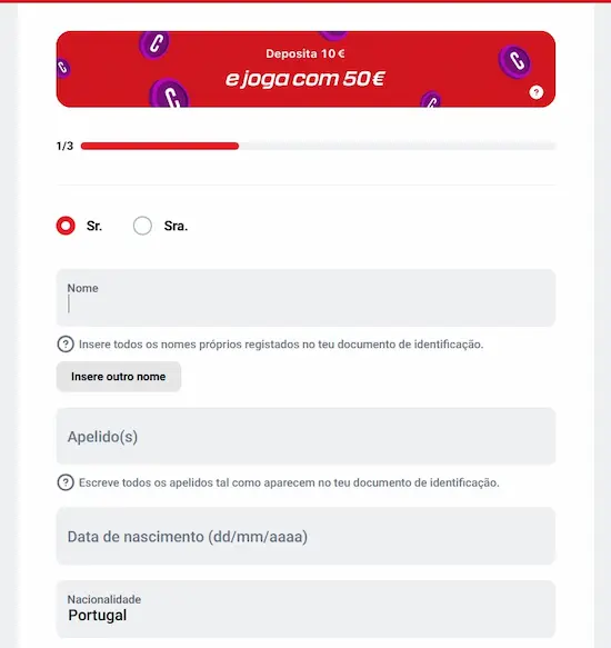 Registo no casino Betclic