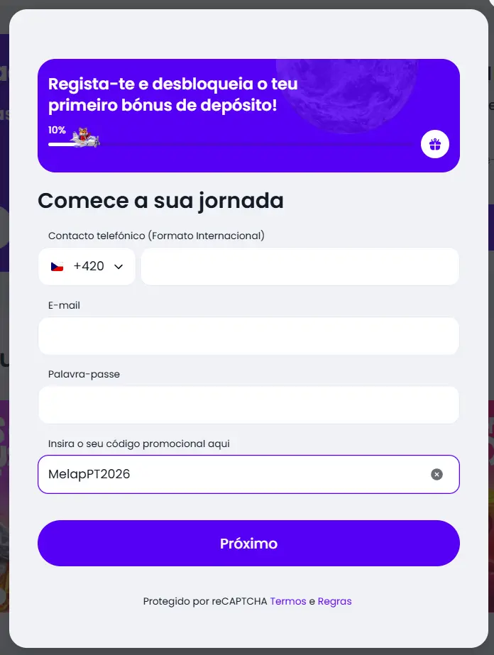 Código promocional Slott Casino durante o registo