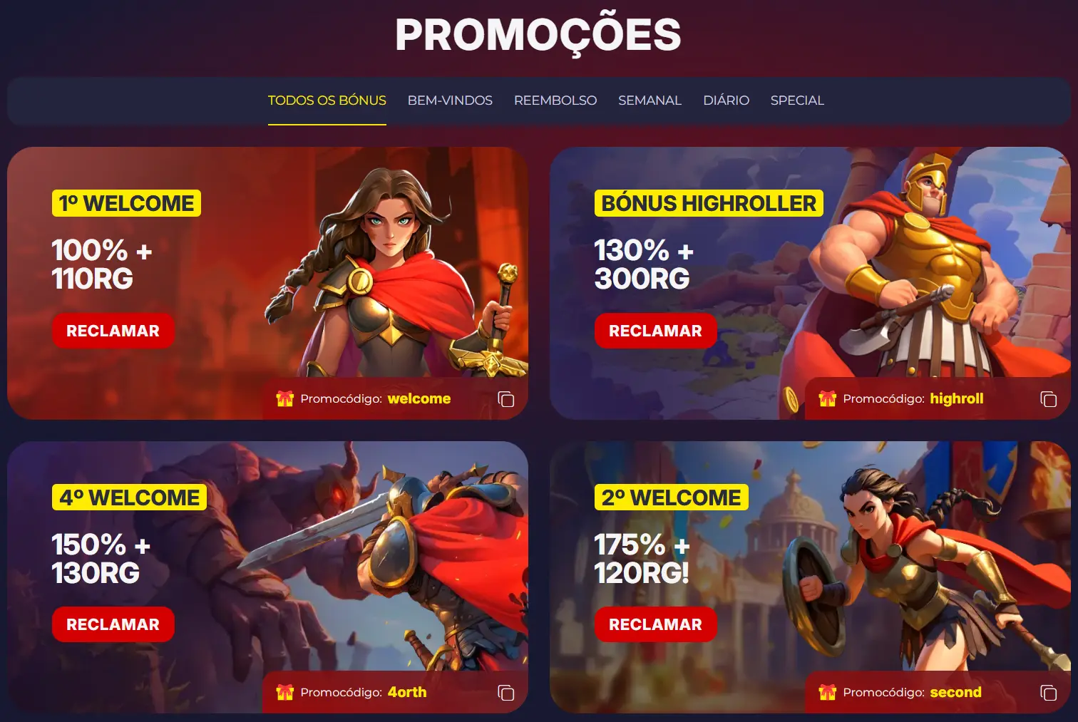 Secção de bónus e promoções disponível no site