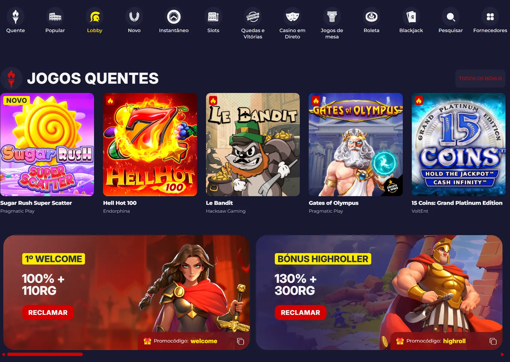 Lobby de jogos com slots e categorias de casino