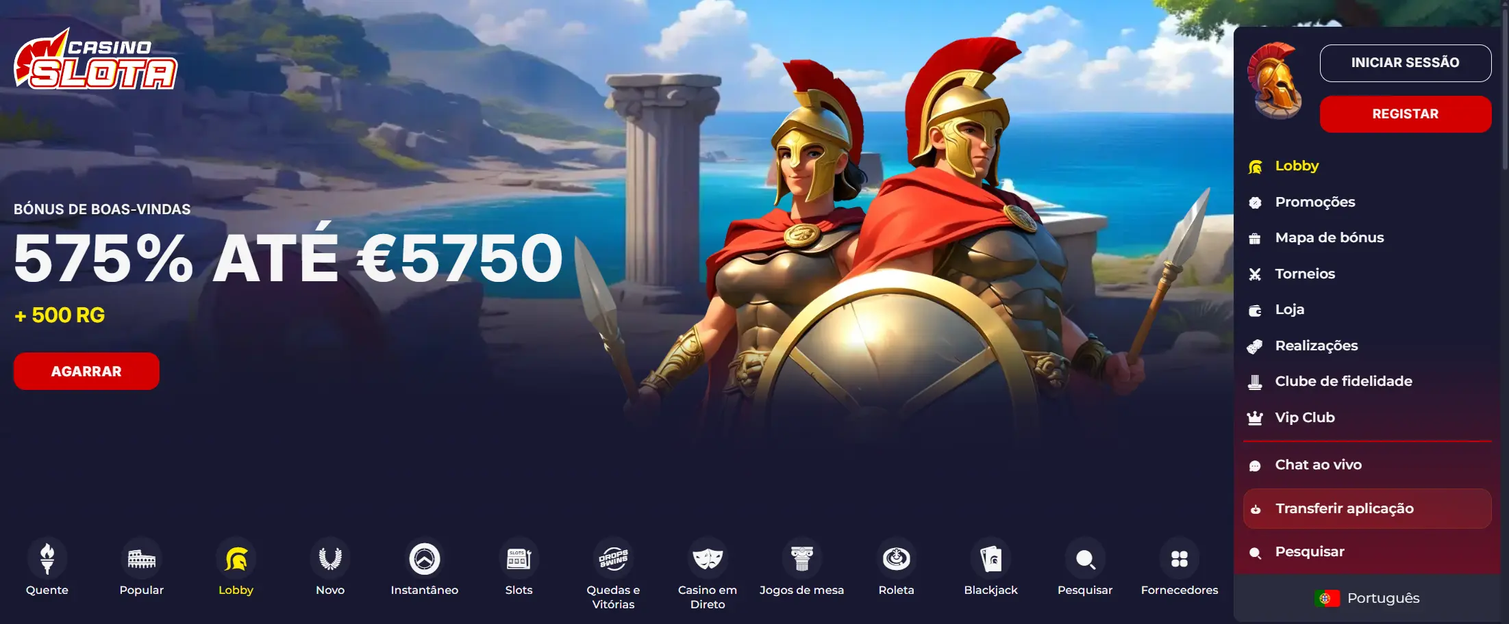 Página inicial do Slota Casino na versão desktop