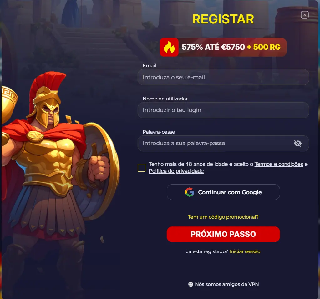 Formulário de registo do Slota Casino