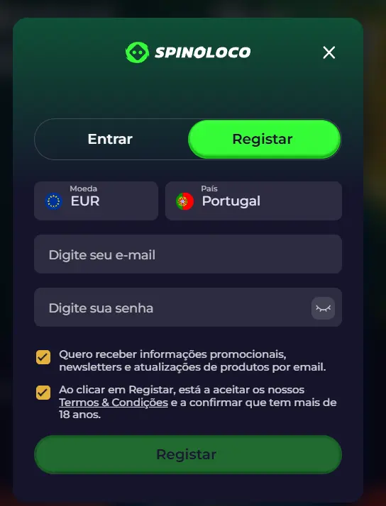 Formulário de registo no Spinoloco Casino