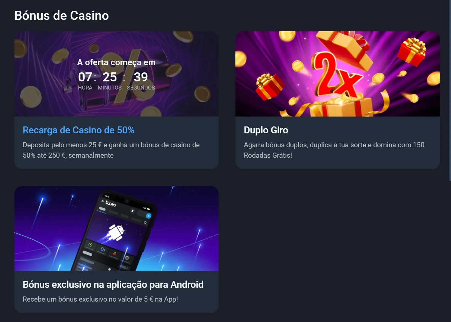 Captura de tela do site Twin, seção de bônus