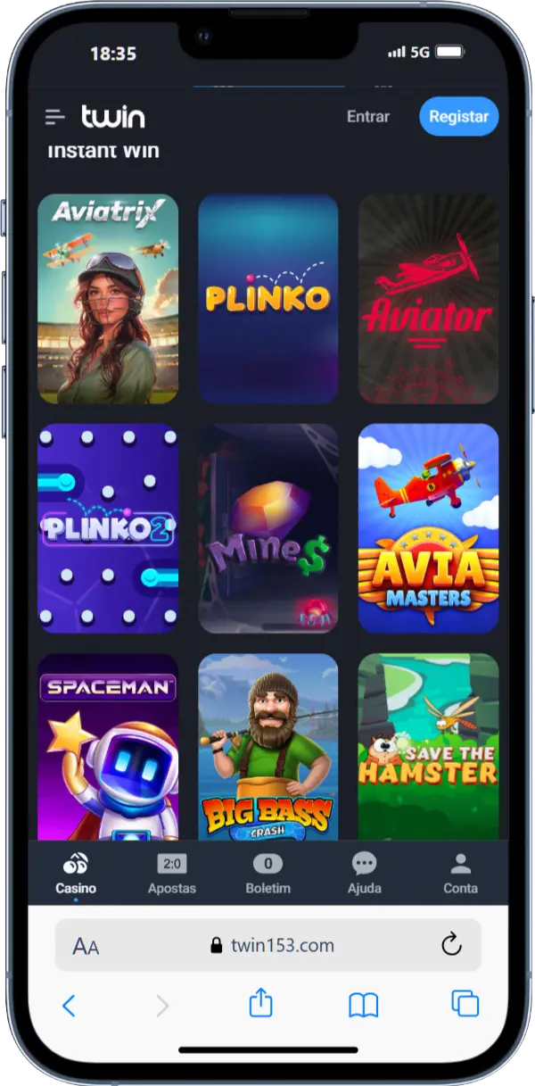 Captura de tela do site Twin, seção Crash Games