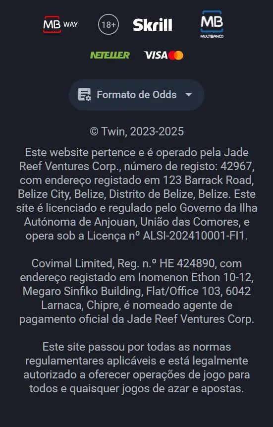 Captura de tela do site Twin, seção de licença do cassino