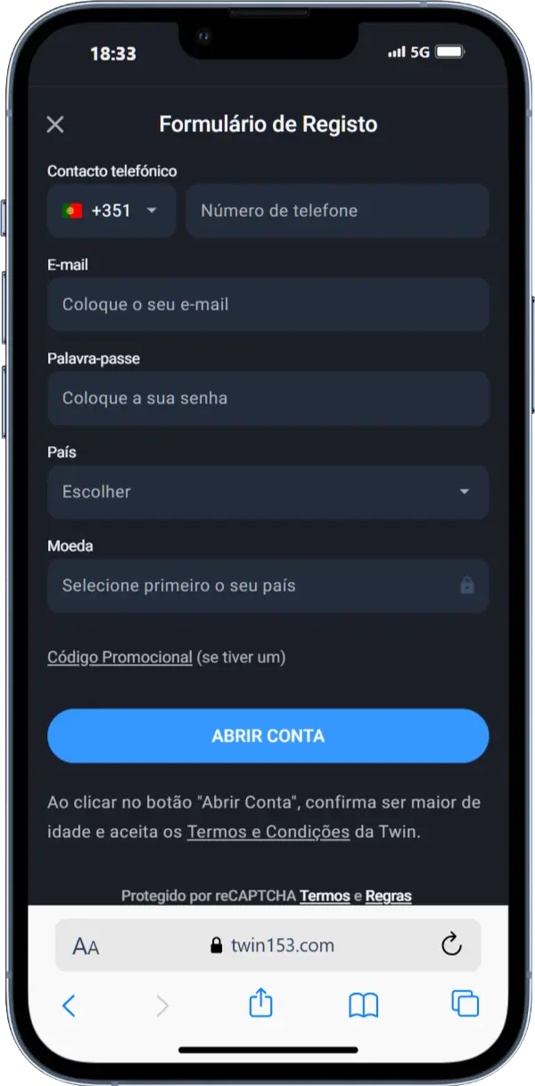 Captura de tela do site Twin, seção de cadastro