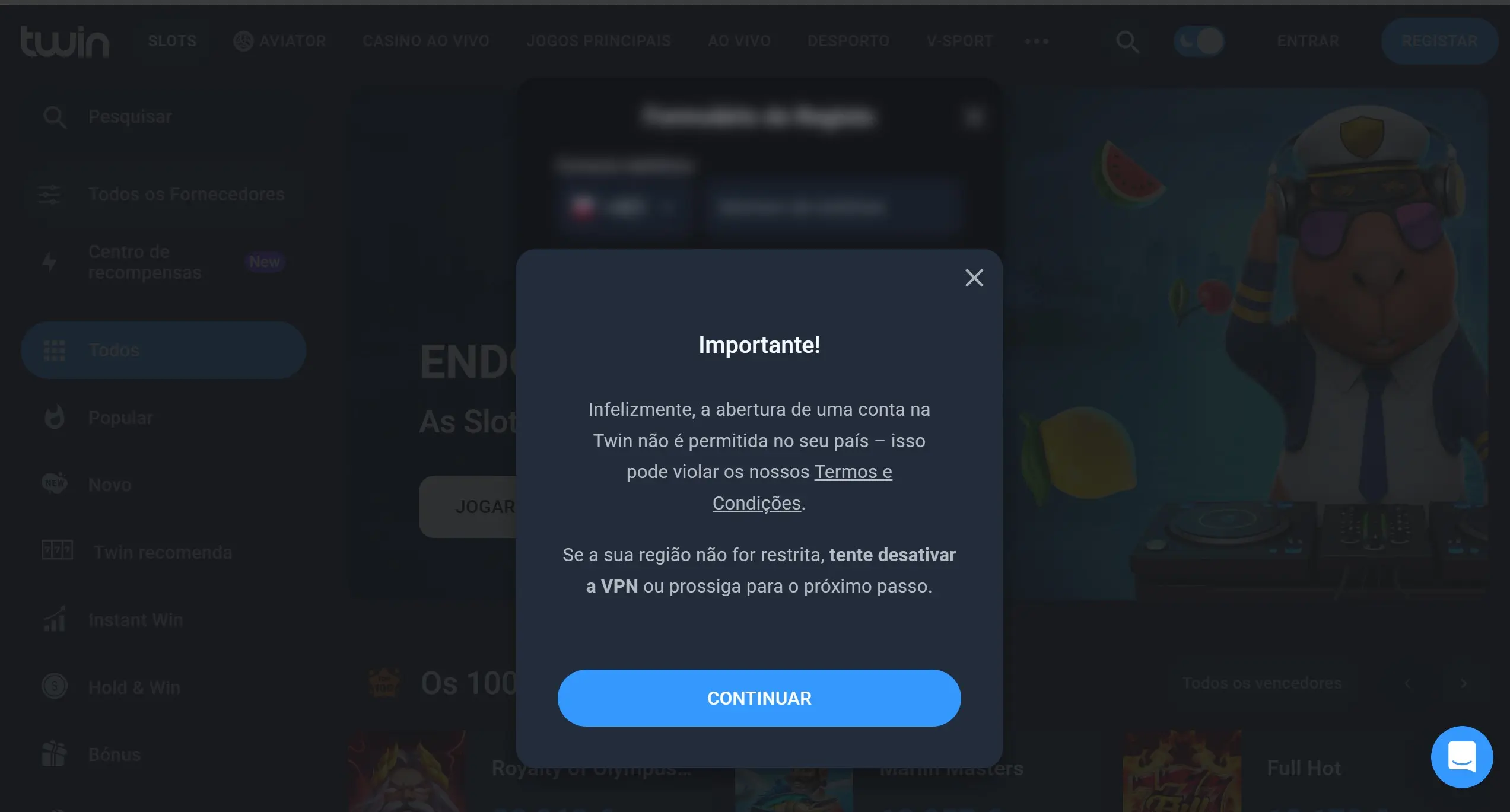 Captura de tela do site Twin que não está funcionando